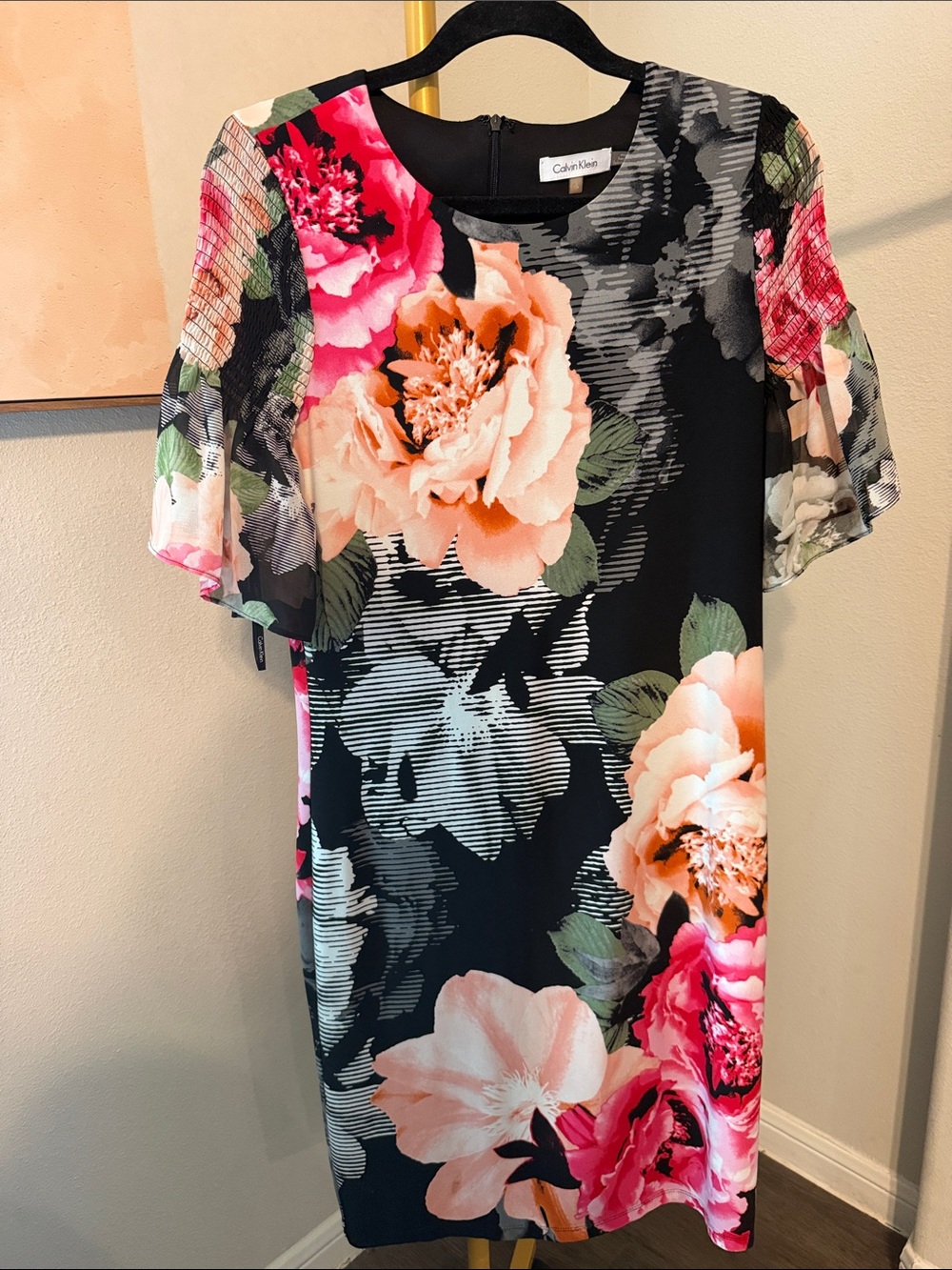 Calvin Klein Black Floral Shift Dress - Pink & Peach Blooms size Small